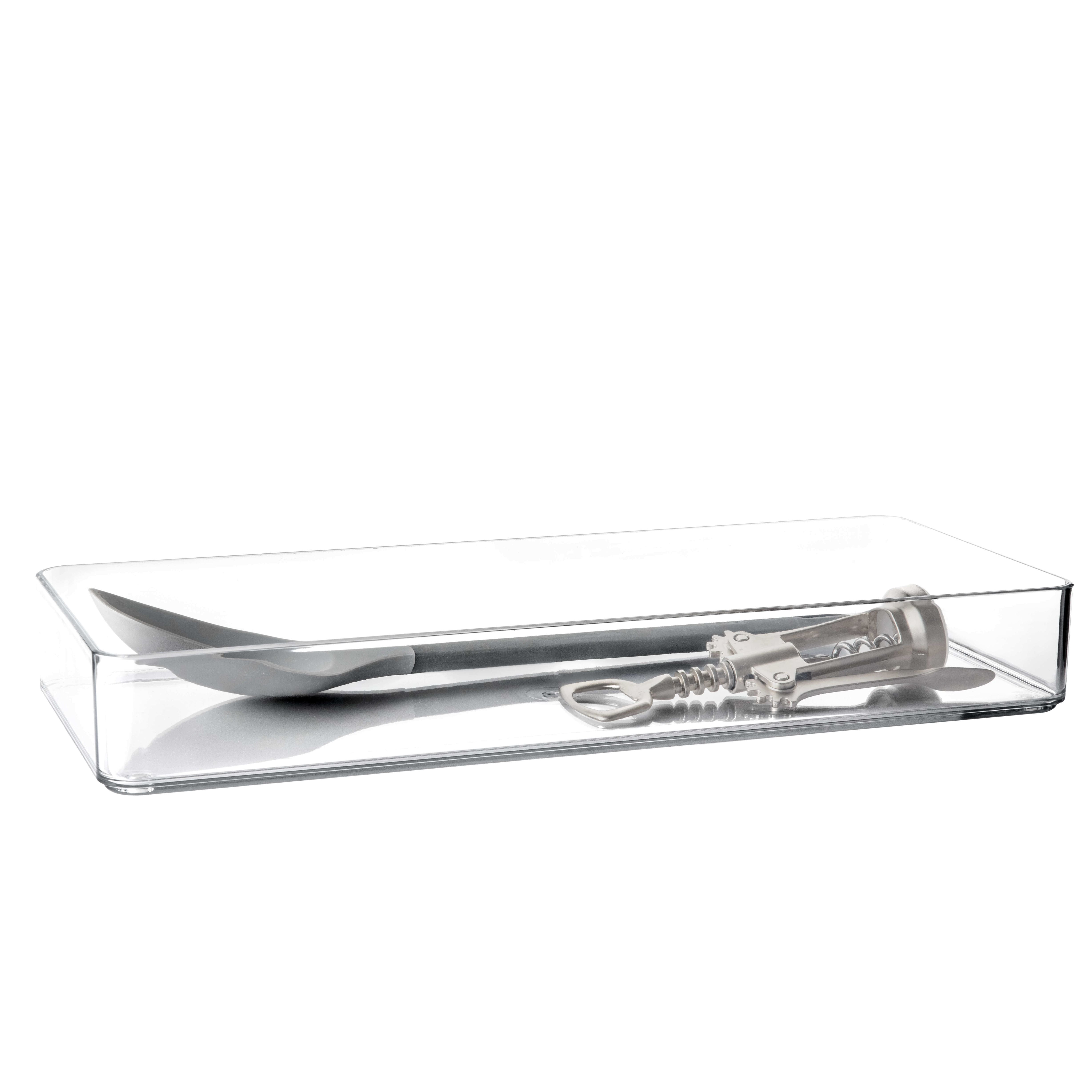 Clear plastic drawer insert with silver utensils on a white background