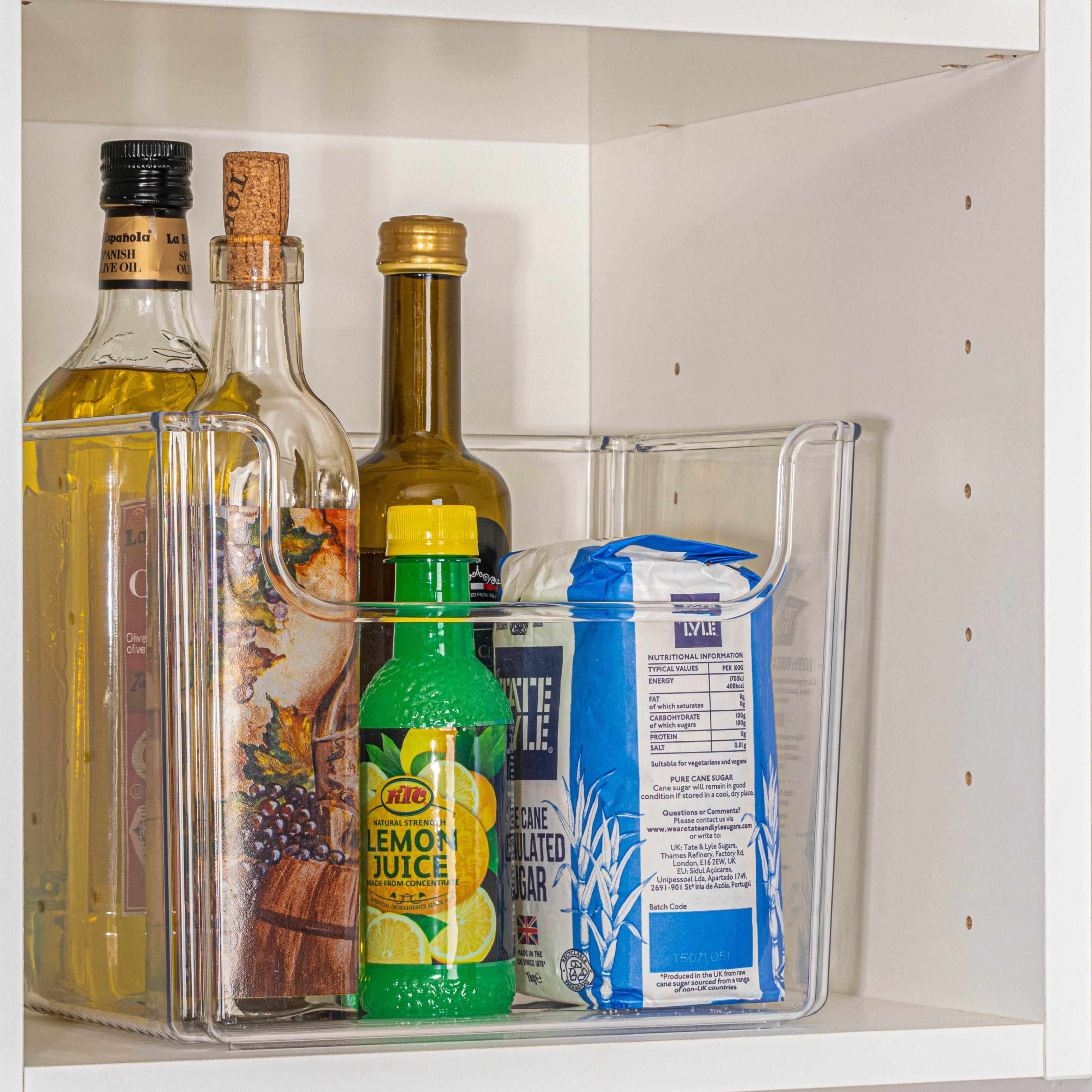 Open Front Bin in a cabinet with sugar and oil inside