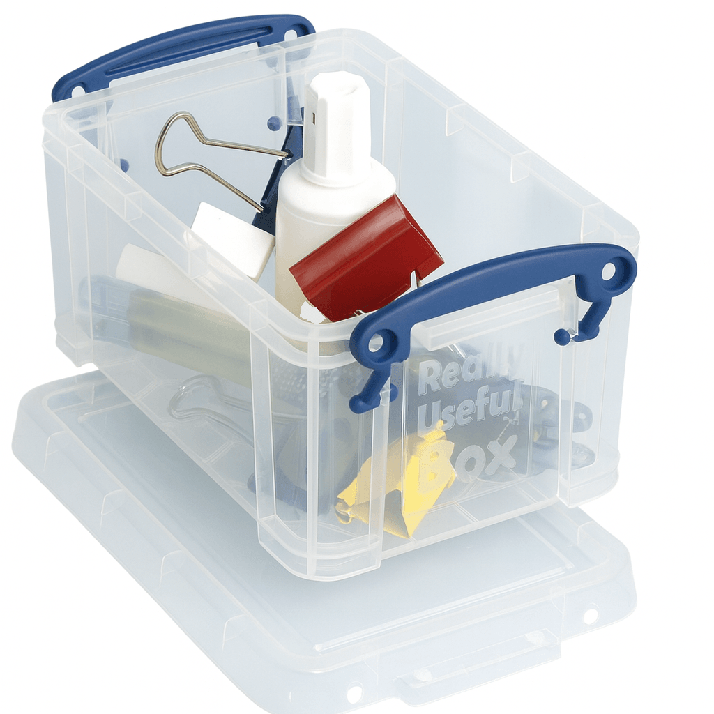 Really useful box Clear storage box with tools inside on a white background