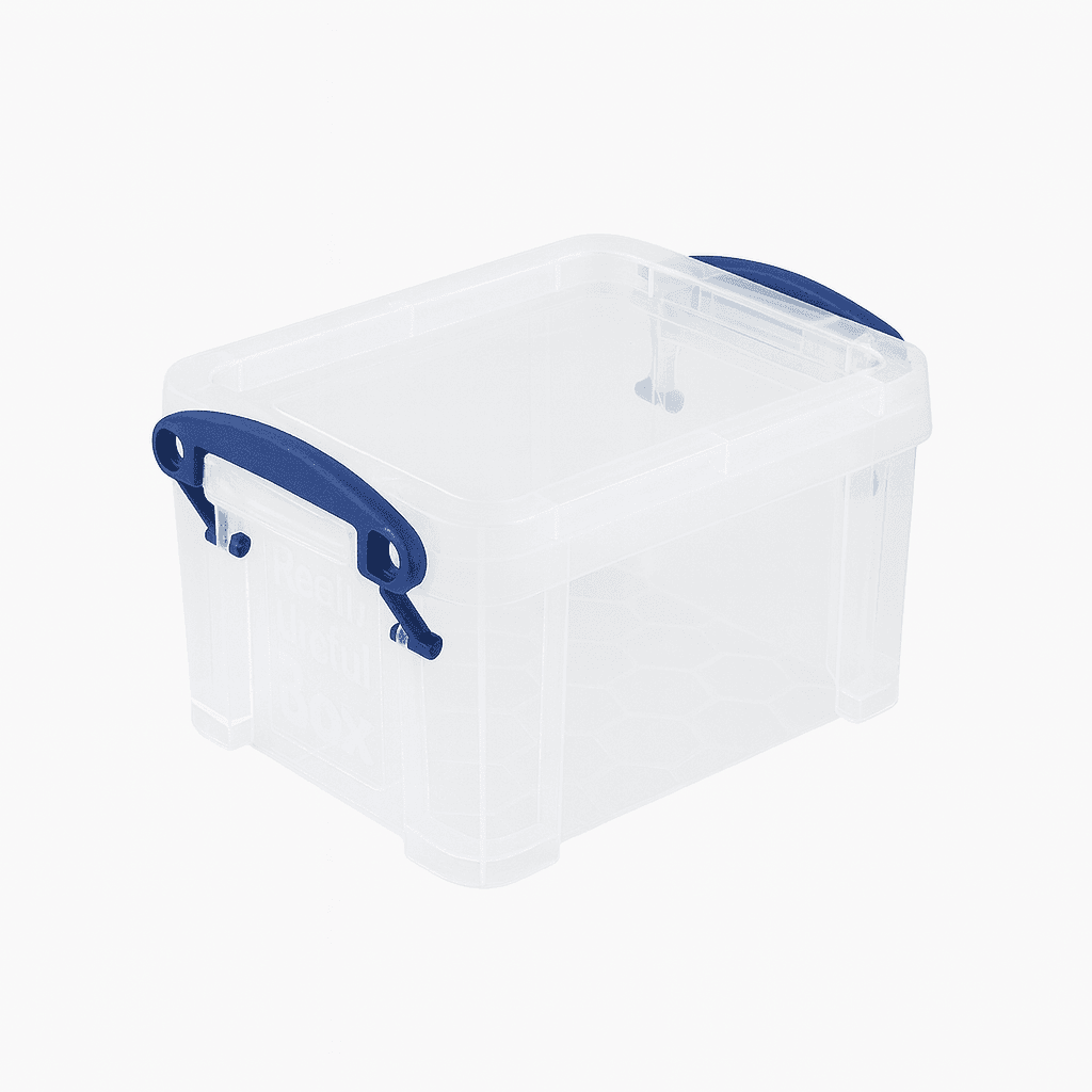 Really Useful Box Clear storage container with blue clips on a white background