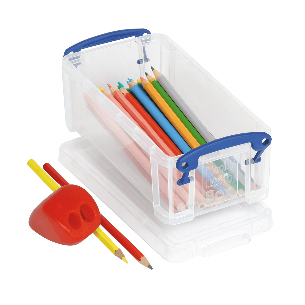 Clear pencil holder with colorful pencils and a red sharpener on a white background