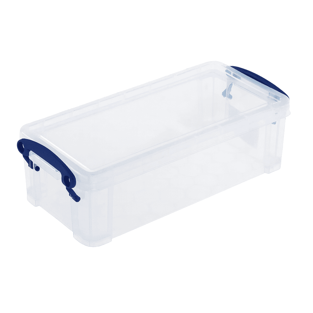Really Useful Box Clear storage container with blue lid on a white background 
