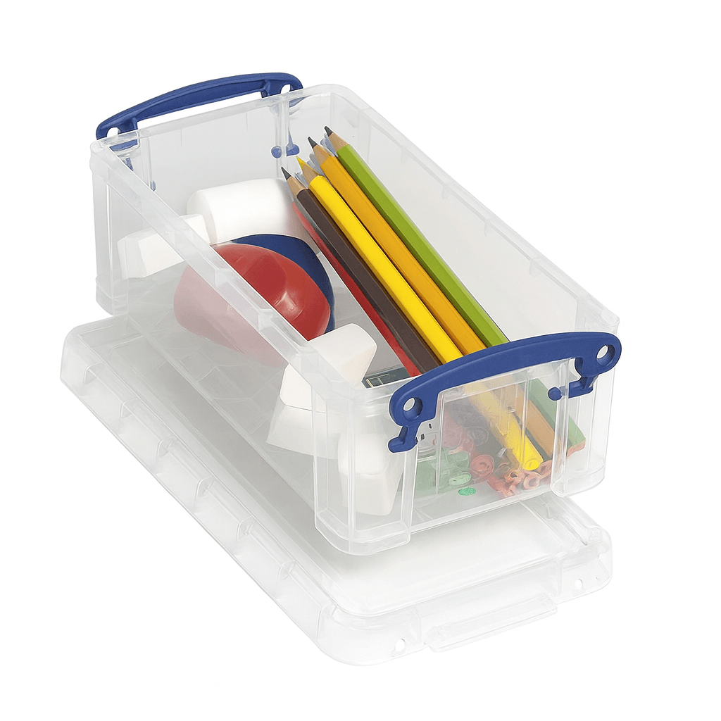 Really Useful Box Clear storage box with blue handles containing school supplies on a white background