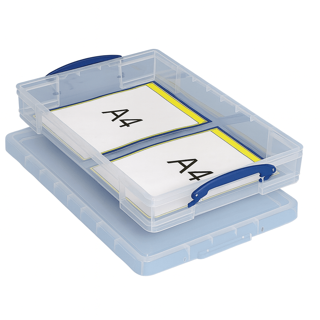 Really Useful Box 10 Litre Two clear A4 papers with blue handles on a white background