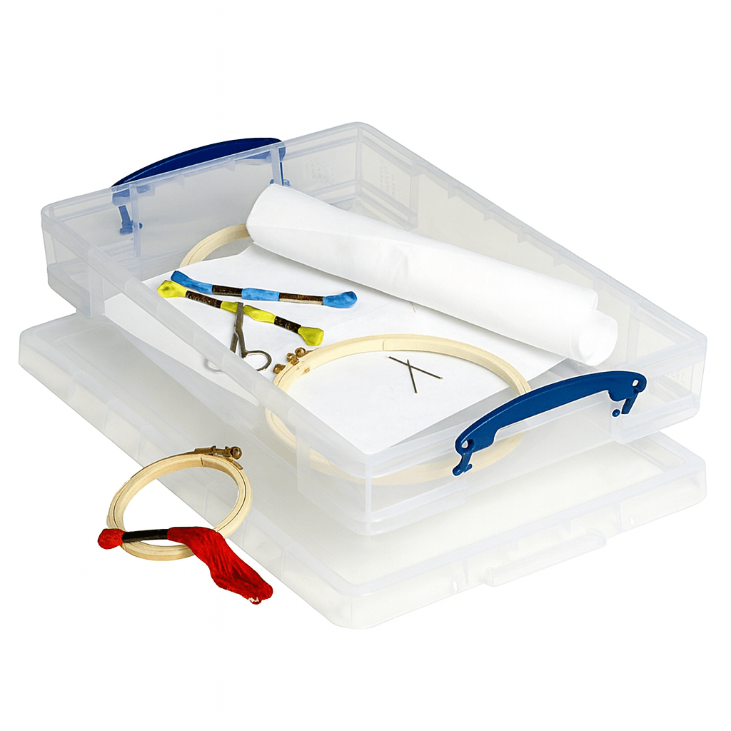Really Useful Box Clear plastic box with craft items on a white background