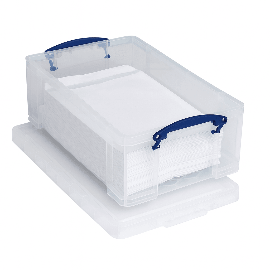 Really Useful Box 12 Litre Clear storage box with blue handles on a white background