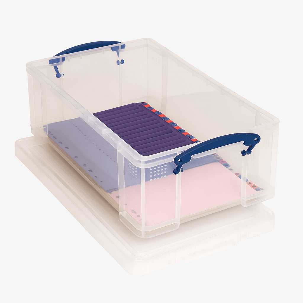 Really Useful Box 12 Litre Clear storage box with papers inside on a white background