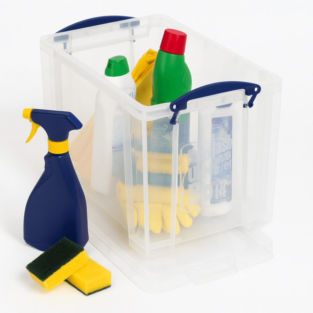 Really Useful Box 19 Litre with Cleaning supplies including a spray bottle, gloves, and cleaning tools in a clear organizer on a white background.
