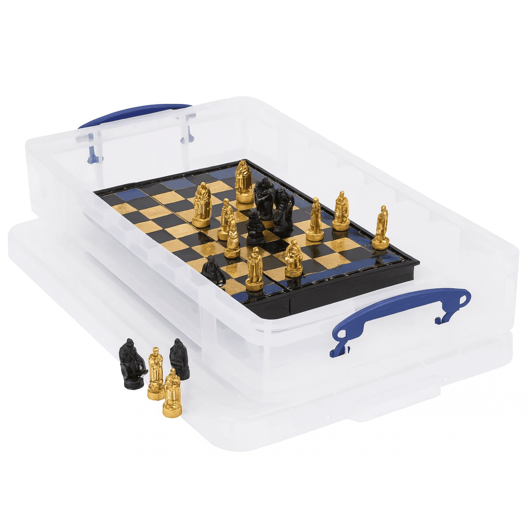 Really Useful Box 20 Litre with a chess set with pieces on a white background