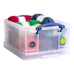 Really Useful Box 21 Litre Clear storage box with colorful items on a white background