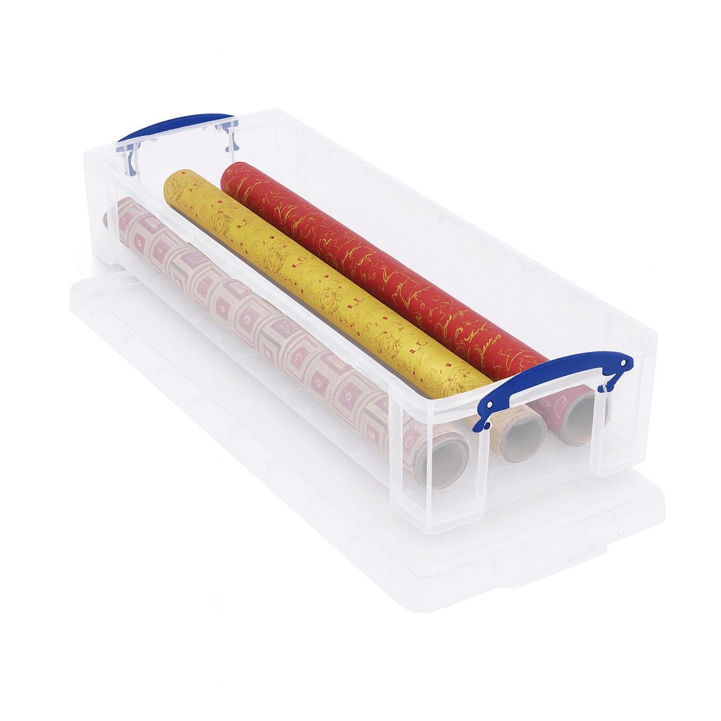 Really Useful Box 222 Litre Clear plastic container with blue lids holding rolls of red and yellow paper on a white background