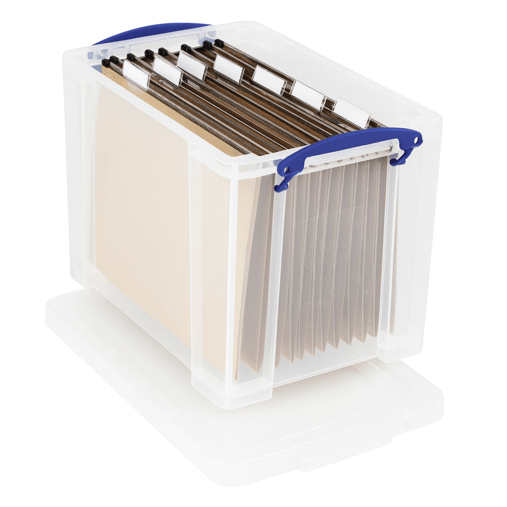 Really useful Box 24 Litre with File holder with multiple tabs on a white background