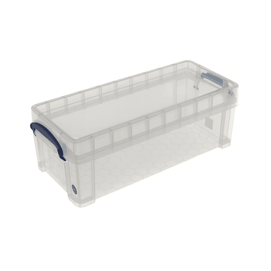 Really Useful Box 6.5 Litre Clear storage box with blue handles on a white background