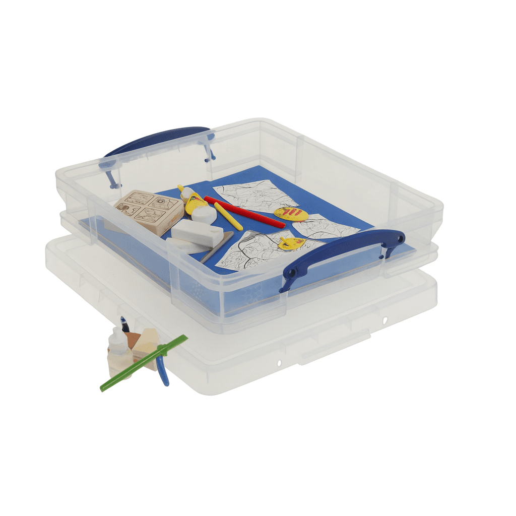 Really Useful Box 7 Litre Clear plastic storage box with toys & stationary on a white background