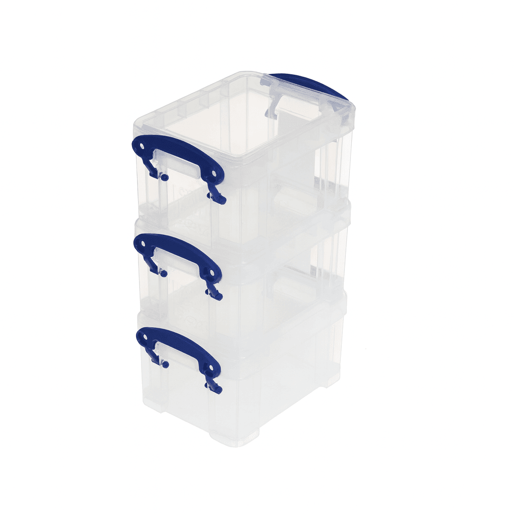 Really Useful Box Stackable Clear storage box with blue handles on a white background