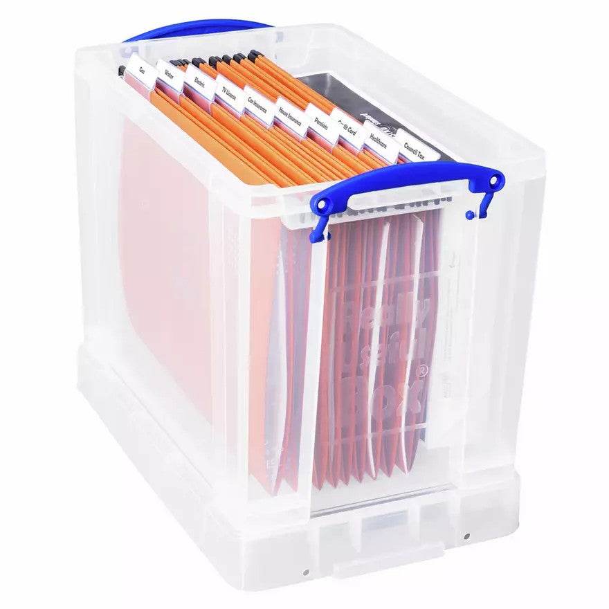 Really Useful Box 19 Litre Clear storage box with blue handles containing file folders on a white background