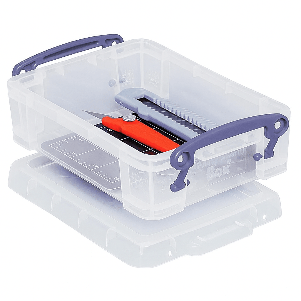 Clear plastic tackle box with purple handles and fishing tools inside on a white background