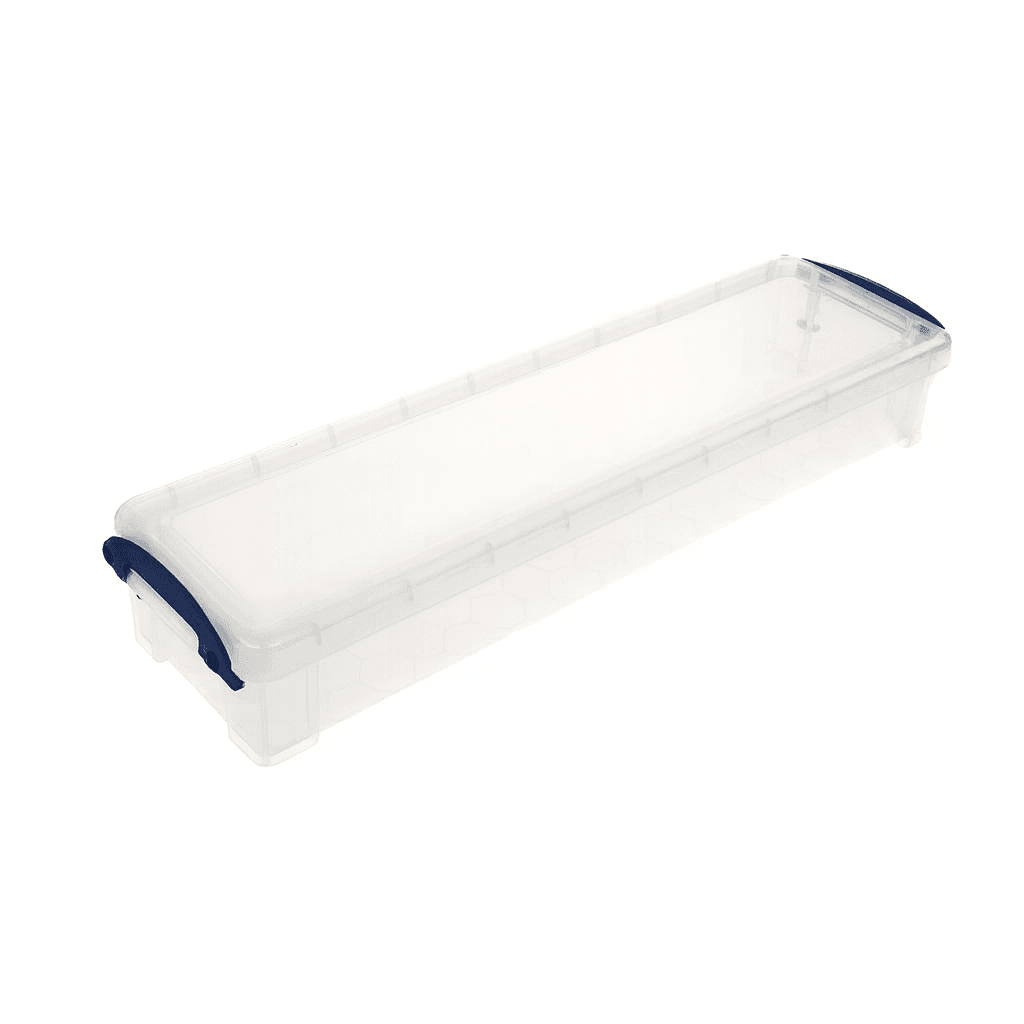 Clear plastic container with blue clips on a white background