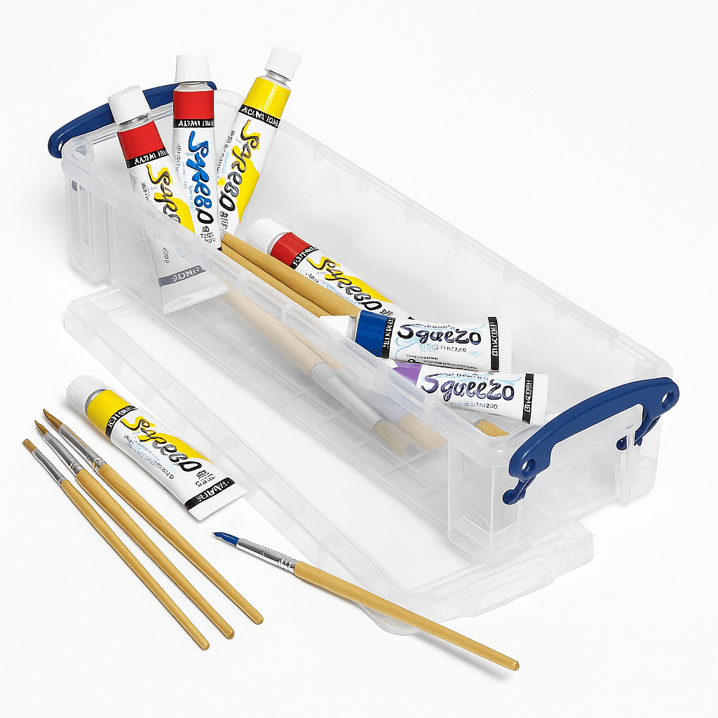Art supply set with Squeeze bottles, brushes, in a really useful box 1.5L clear plastic holder on a white background