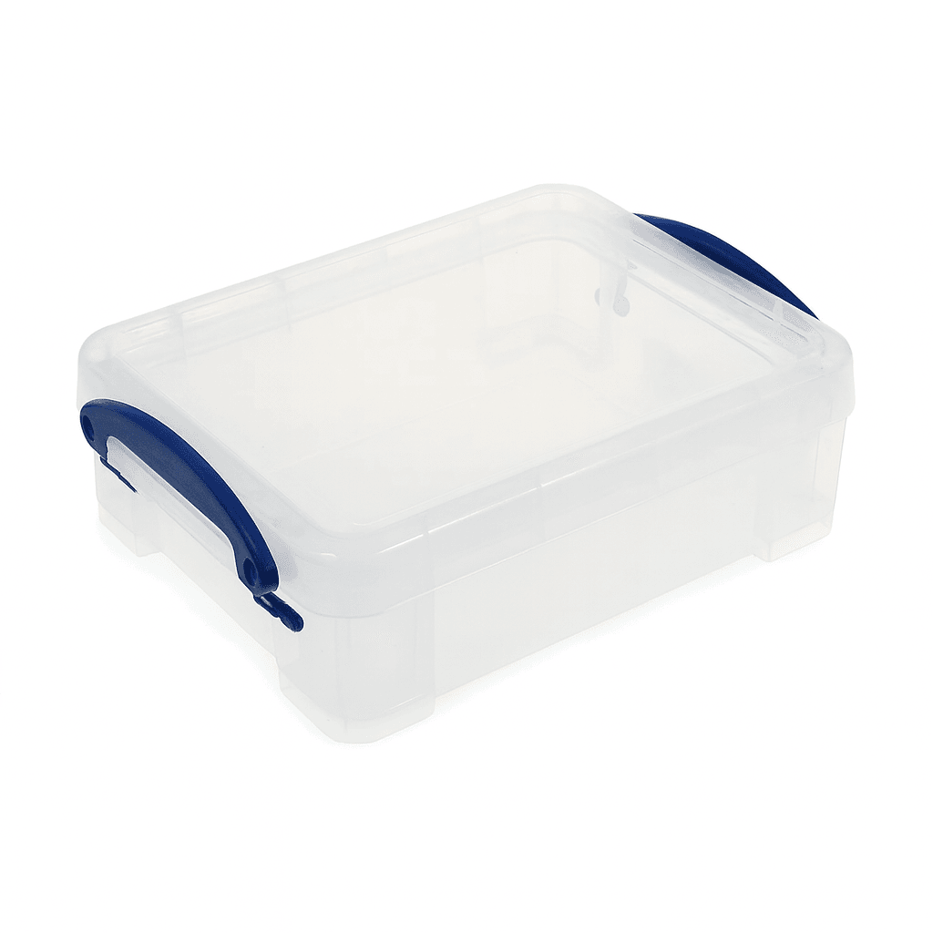 Clear plastic container with blue clips on a white background