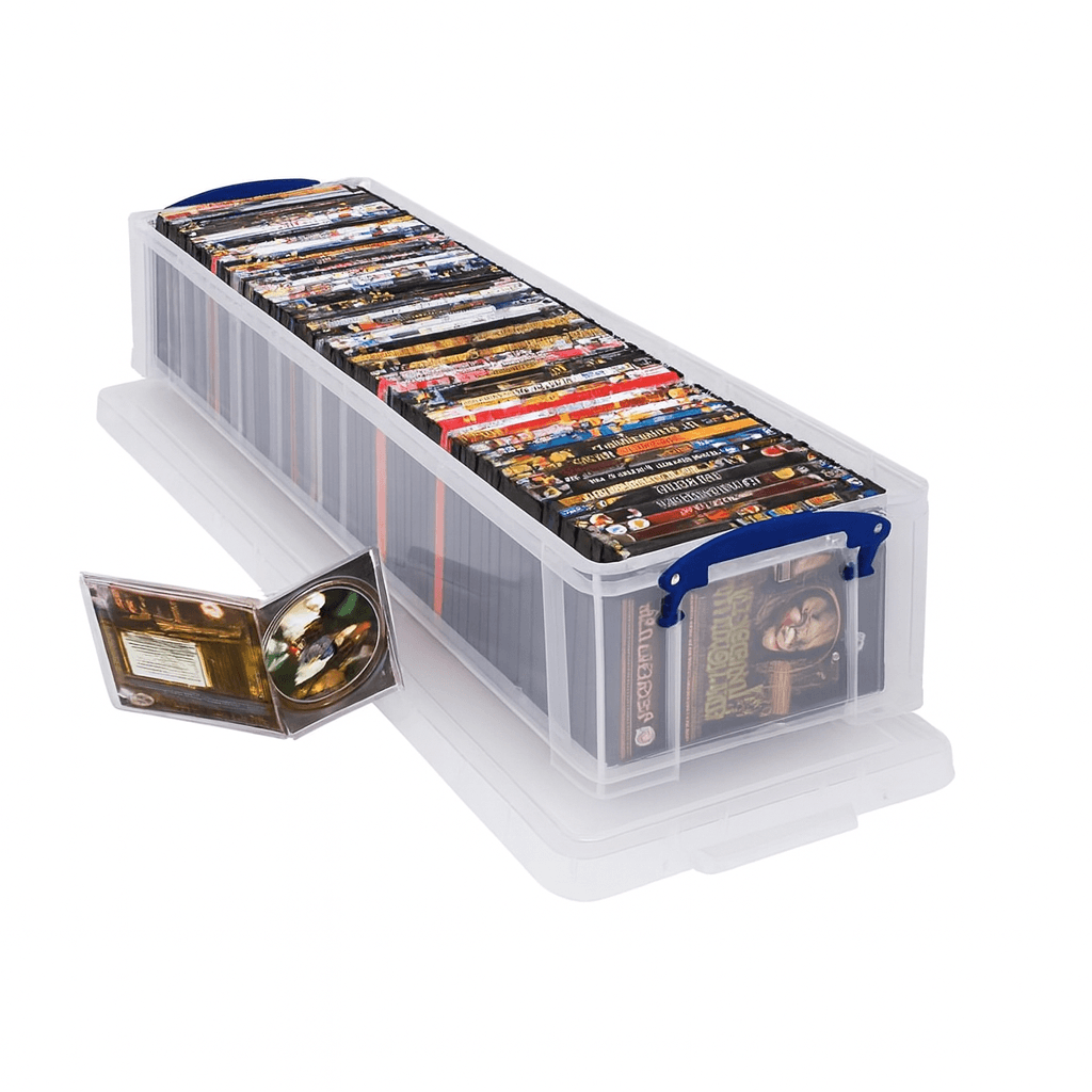Really Useful Box 22 Litre Collection of trading cards in a transparent storage box on a white background