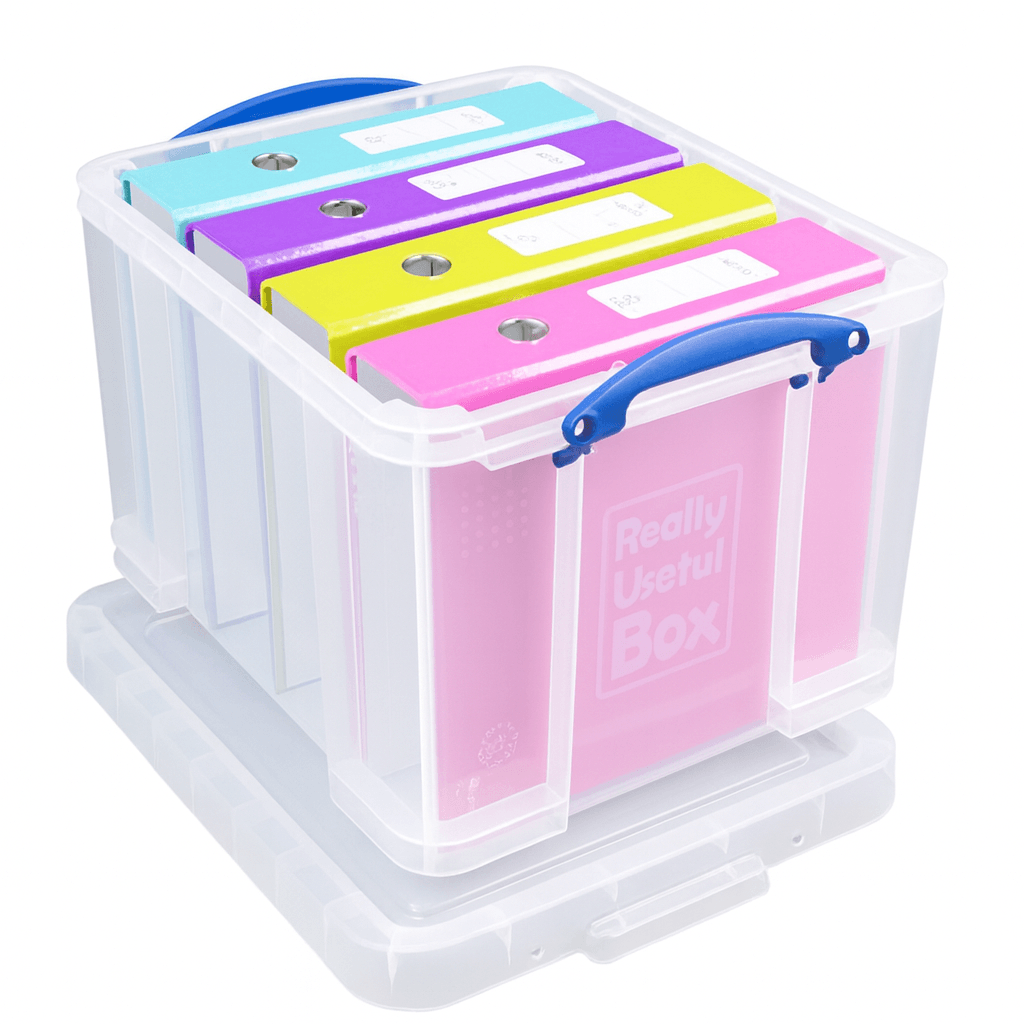 Really Useful Box 35 Litre Stackable storage box with colorful compartments on a white background