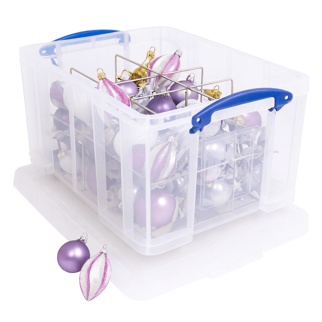 Really Useful Box 35 Litre Clear storage box with purple and gold Christmas ornaments on a white background