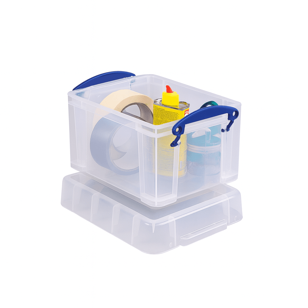 Clear storage box with blue handles containing office supplies on a white background