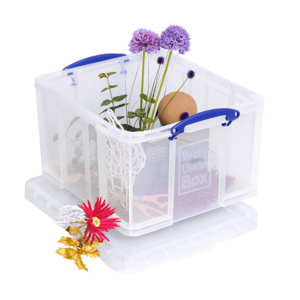Really Useful Box 42 Litre Clear storage box with blue handles containing plants and flowers on a white background