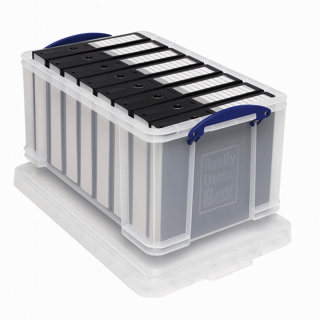 Really Useful Box 48 Litre Storage box with labeled files on a white background