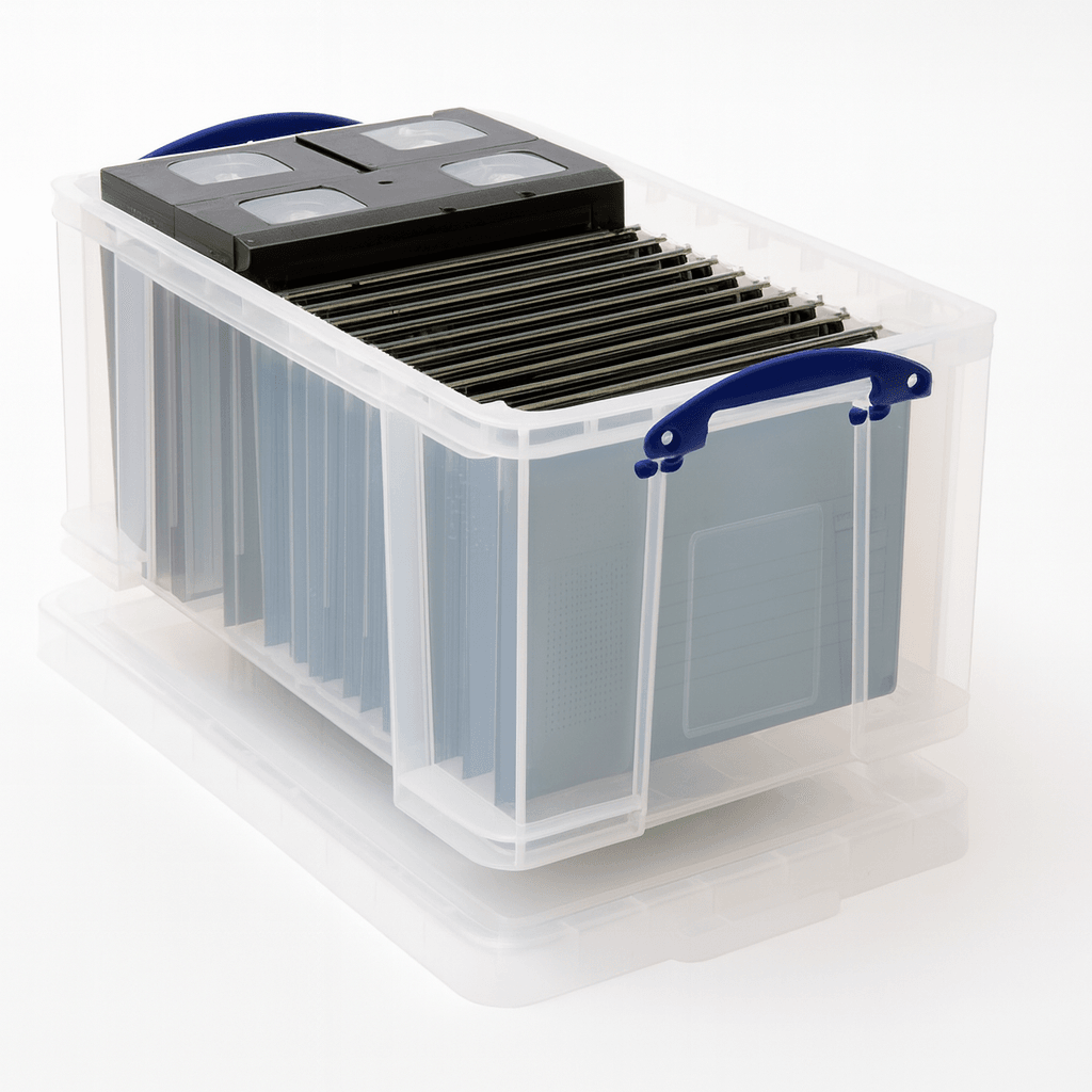 Really Useful Box 48 Litre Clear storage box with blue handles on a white background
