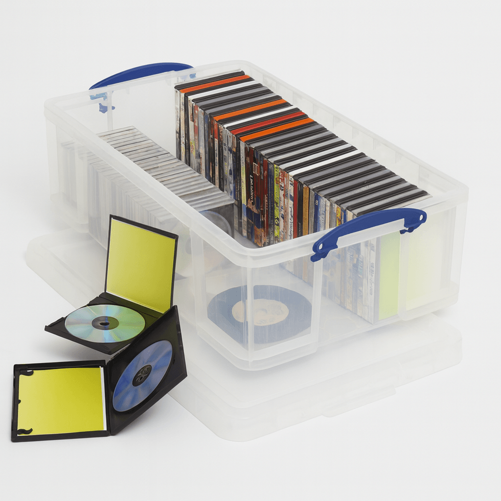 Really Useful Box 50 Litre Clear plastic storage box with DVDs and cases on a white background