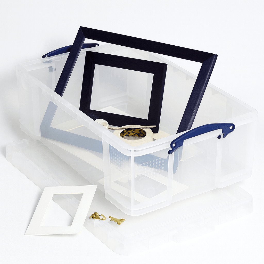 Really Useful Box 50 Litre Clear plastic storage boxes with blue handles on a white background