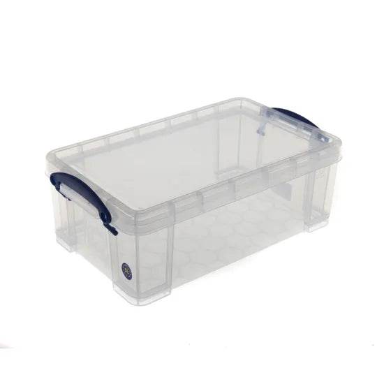 Clear storage box with blue handles on a white background