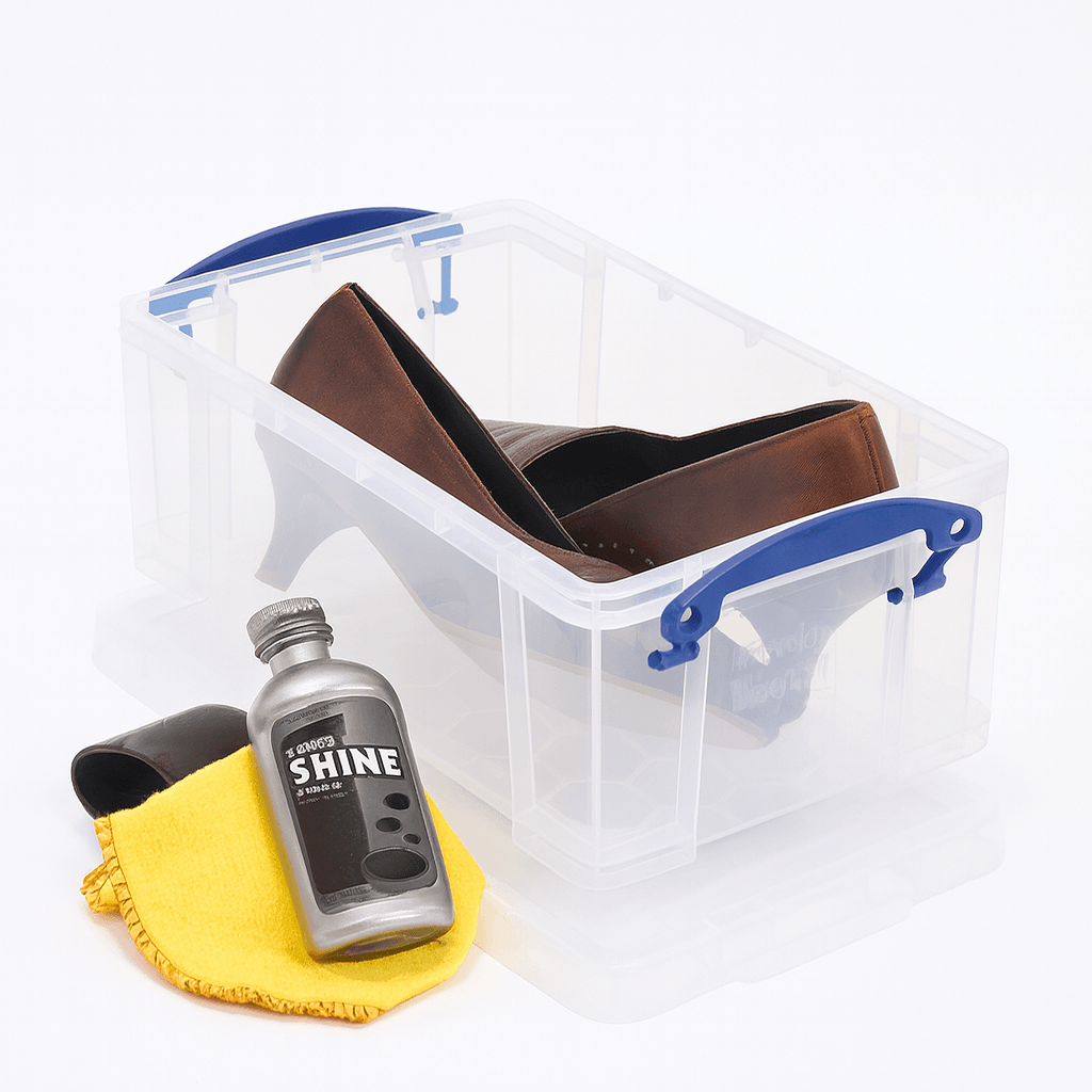 Really Useful Box Clear plastic container with shoe care products including a bottle labeled 'SHINE', a brown shoe, and a yellow cloth on a white background.