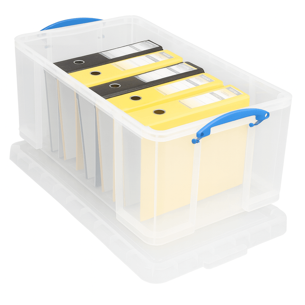 Really Useful Box 64 Litre Clear plastic storage box with colorful Files on a white background