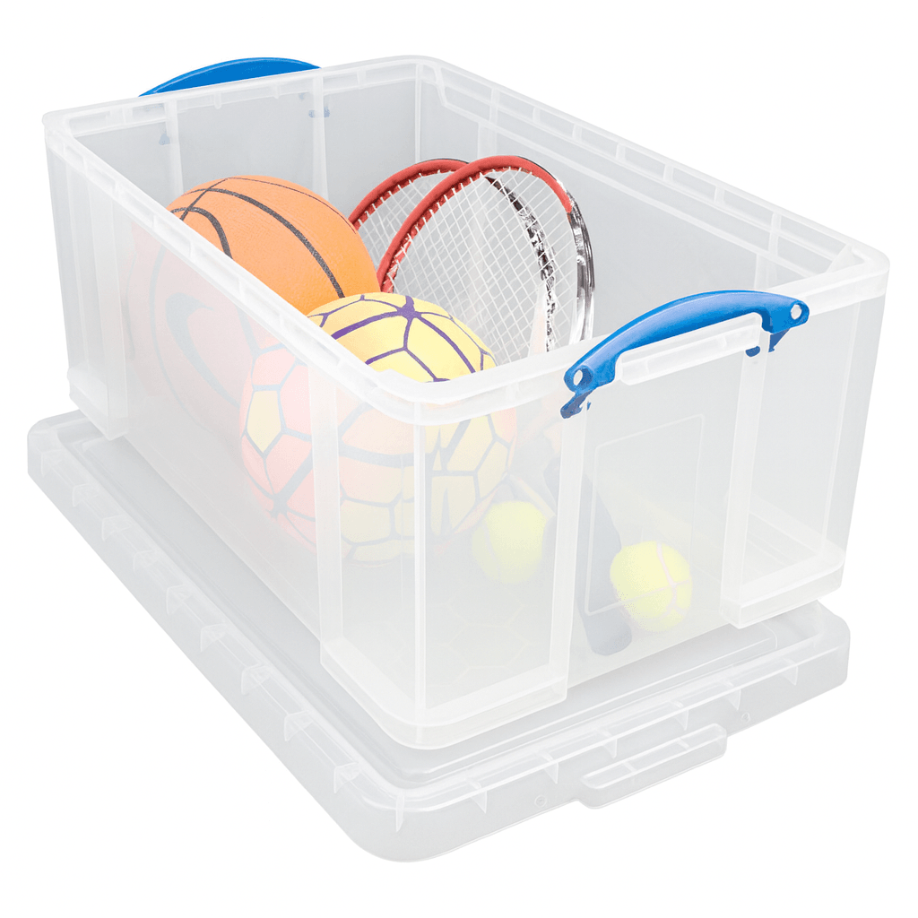 Really Useful Box 64 Litre Clear storage box with sports balls and equipment on a white background