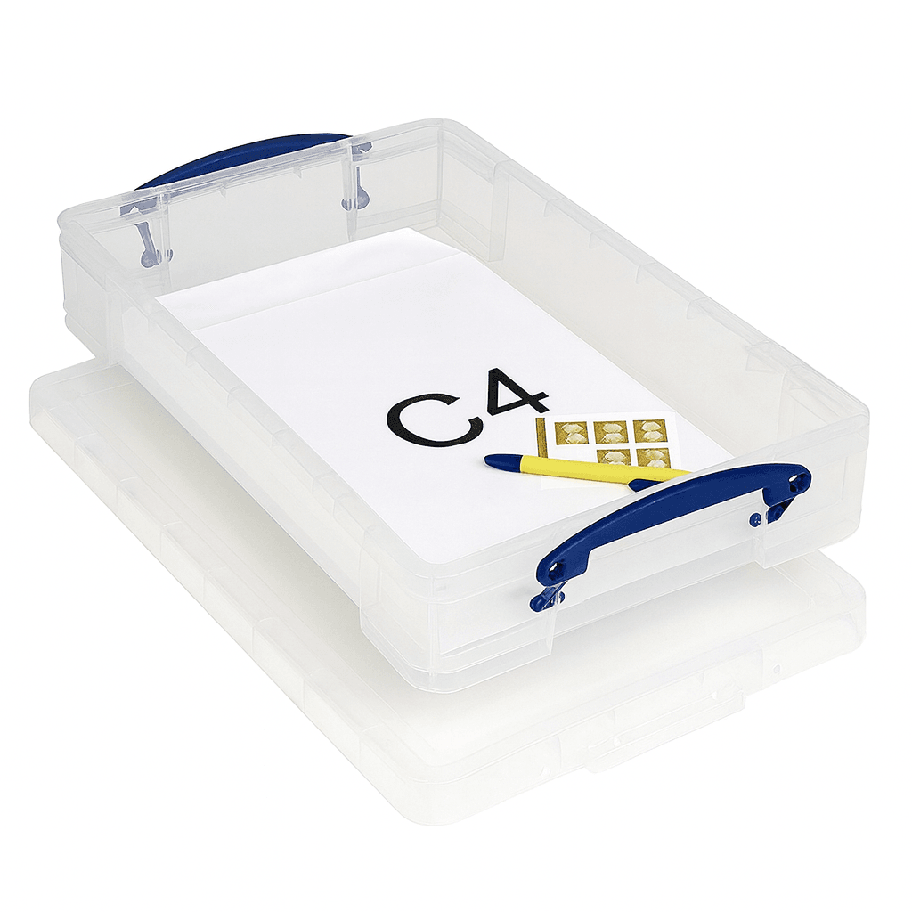  Really /useful Box Clear plastic storage box with a white label featuring 'C4' and a logo on a white background