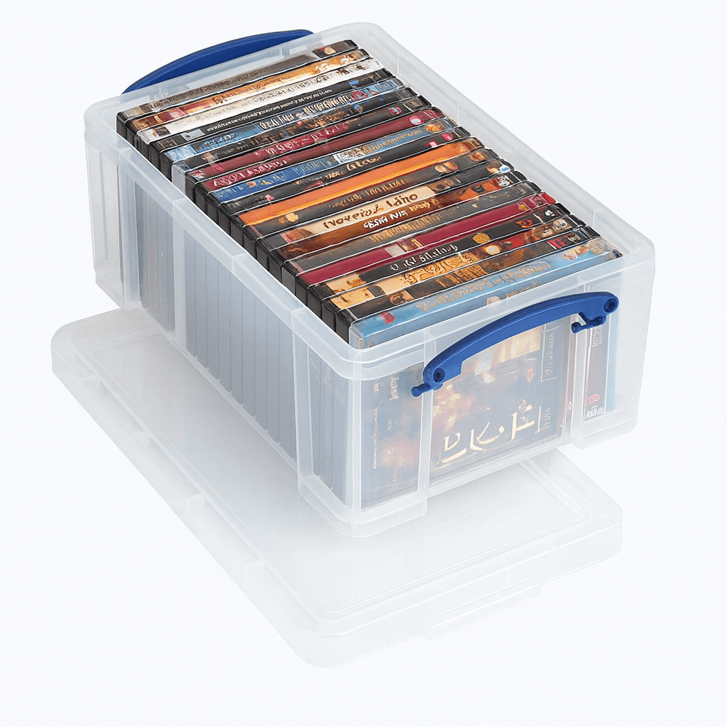 Really Useful Box Stackable storage box with DVDs inside on a white background