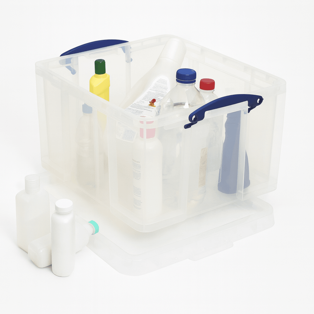 Really Useful Box 42 Litre Clear plastic organizer with bottles and containers on a white background