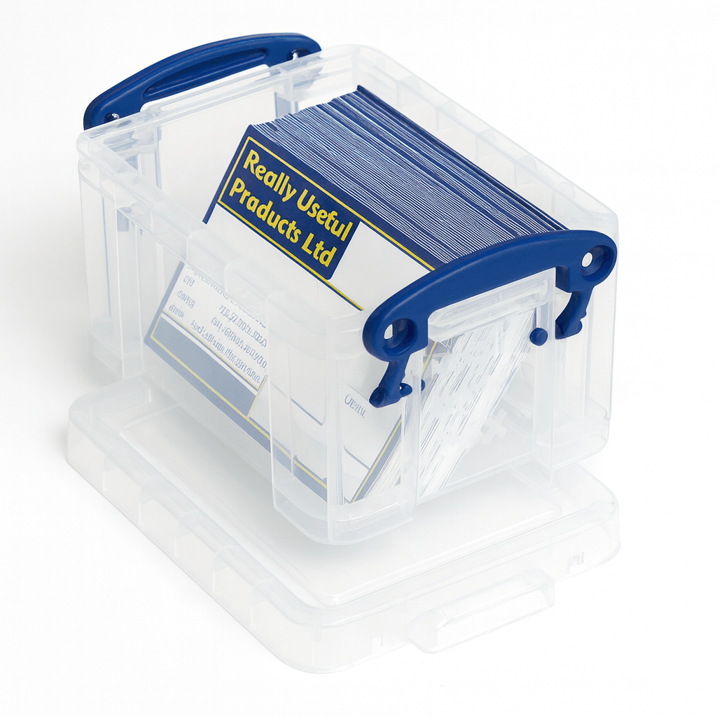 Clear storage box with blue handles containing index cards, branded 'Really Useful Products Ltd'.