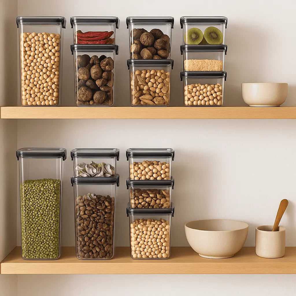 Set of clear storage containers with food on a wooden shelf against a white wall.