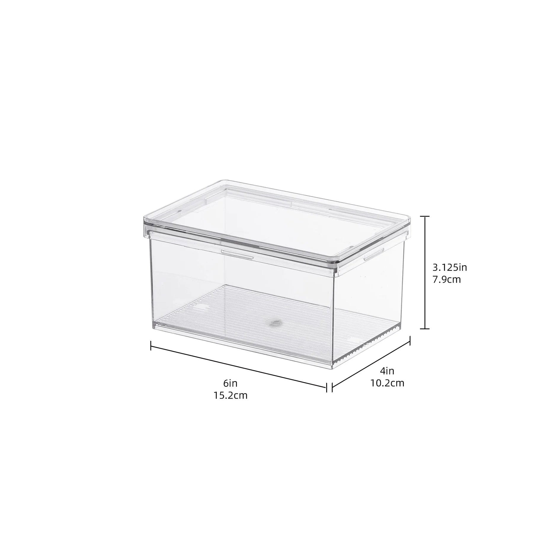 Clear storage box with dimensions labeled on a white background