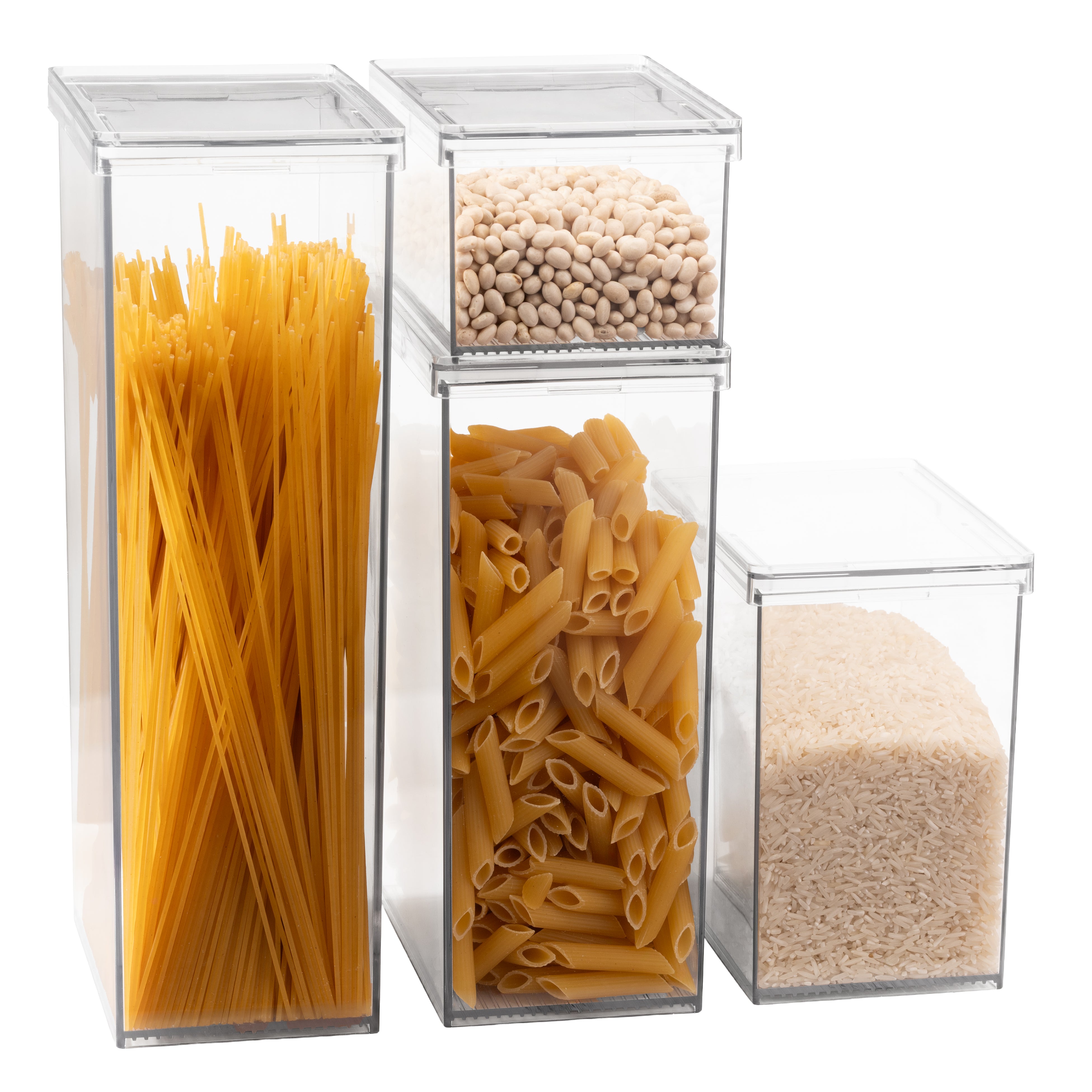 Clear storage containers with pasta and beans on a white background