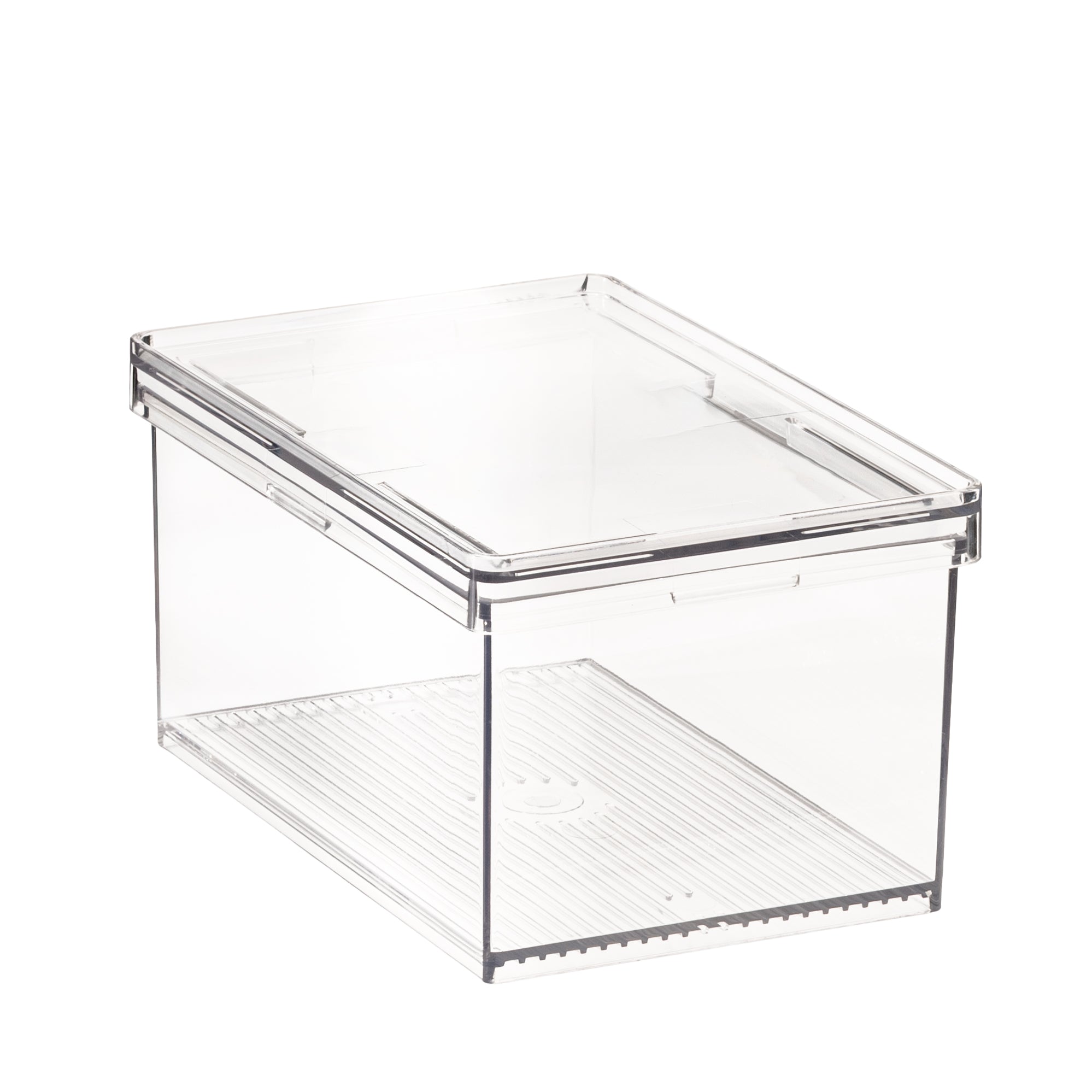 Clear plastic airtight food canister from The Organizing Warehouse  with a lid on a white background