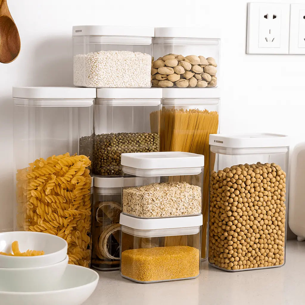 Set of clear food storage containers with lids on a kitchen counter, filled with various pantry items.