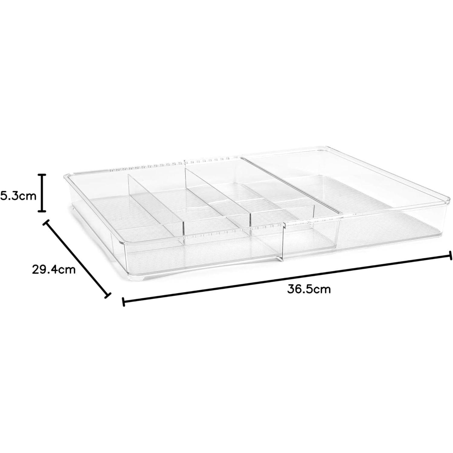 Clear expandable organiser display tray with dimensions on a white background