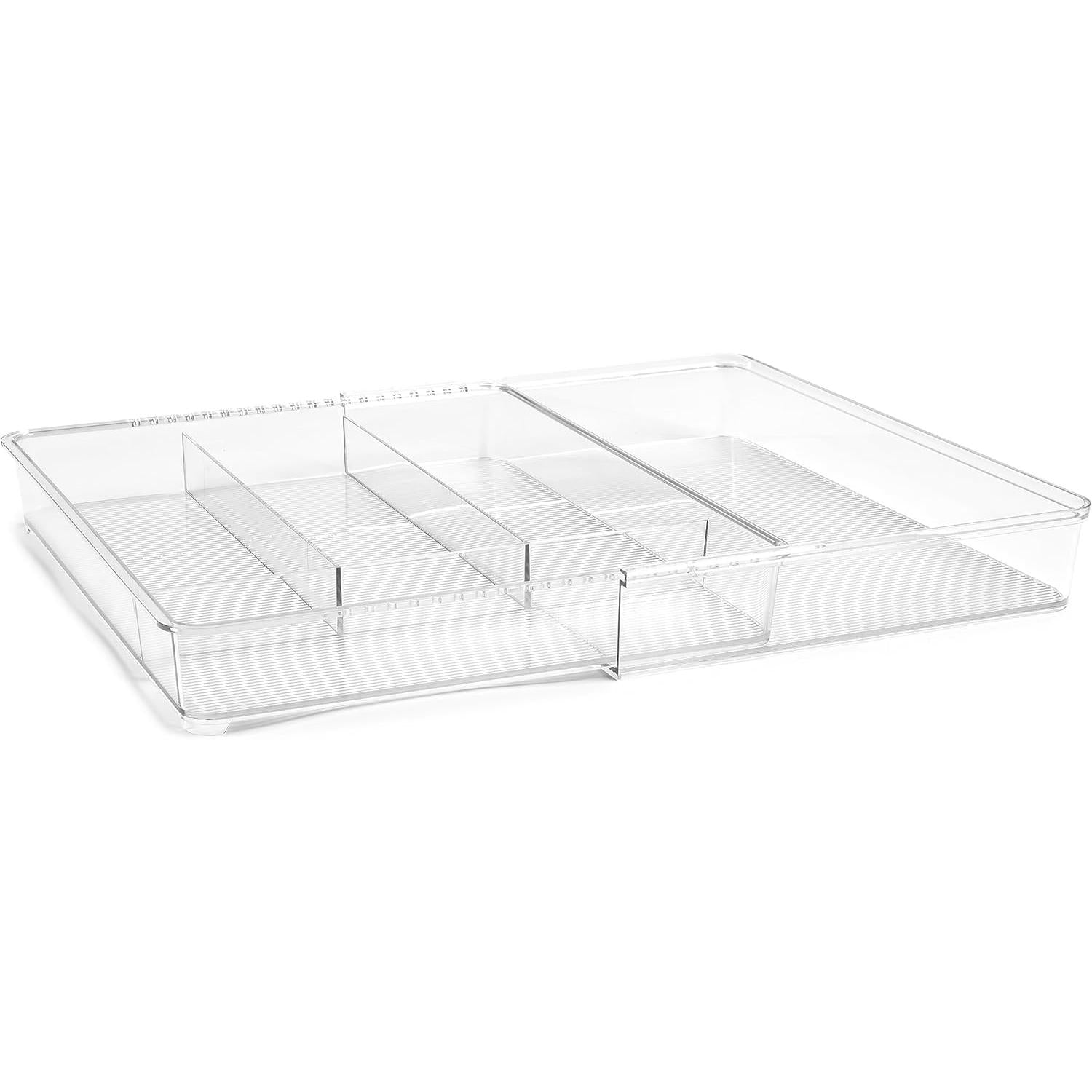 Clear plastic tray with compartments on a white background