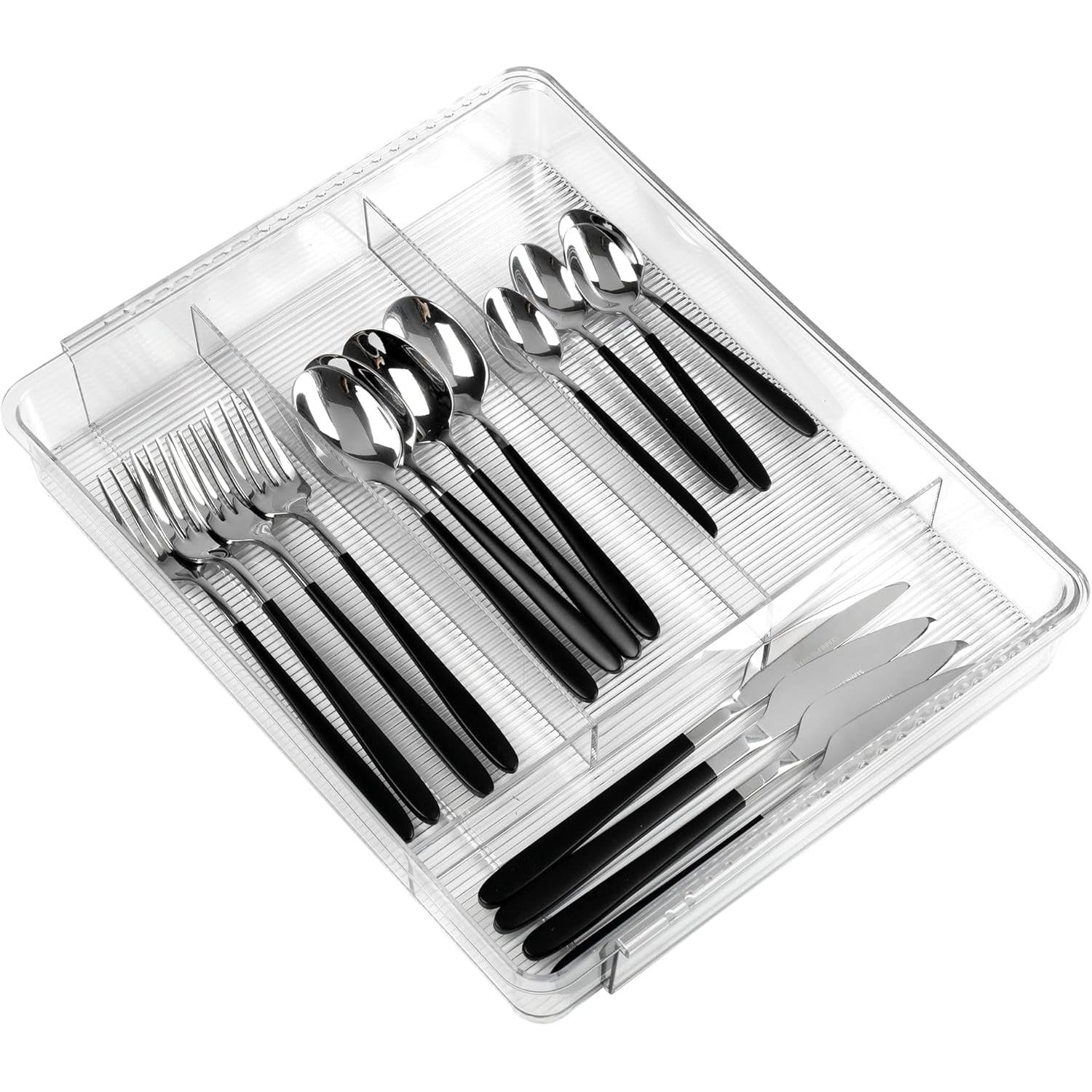 Set of silver & black cutlery in a clear plastic case on a white background
