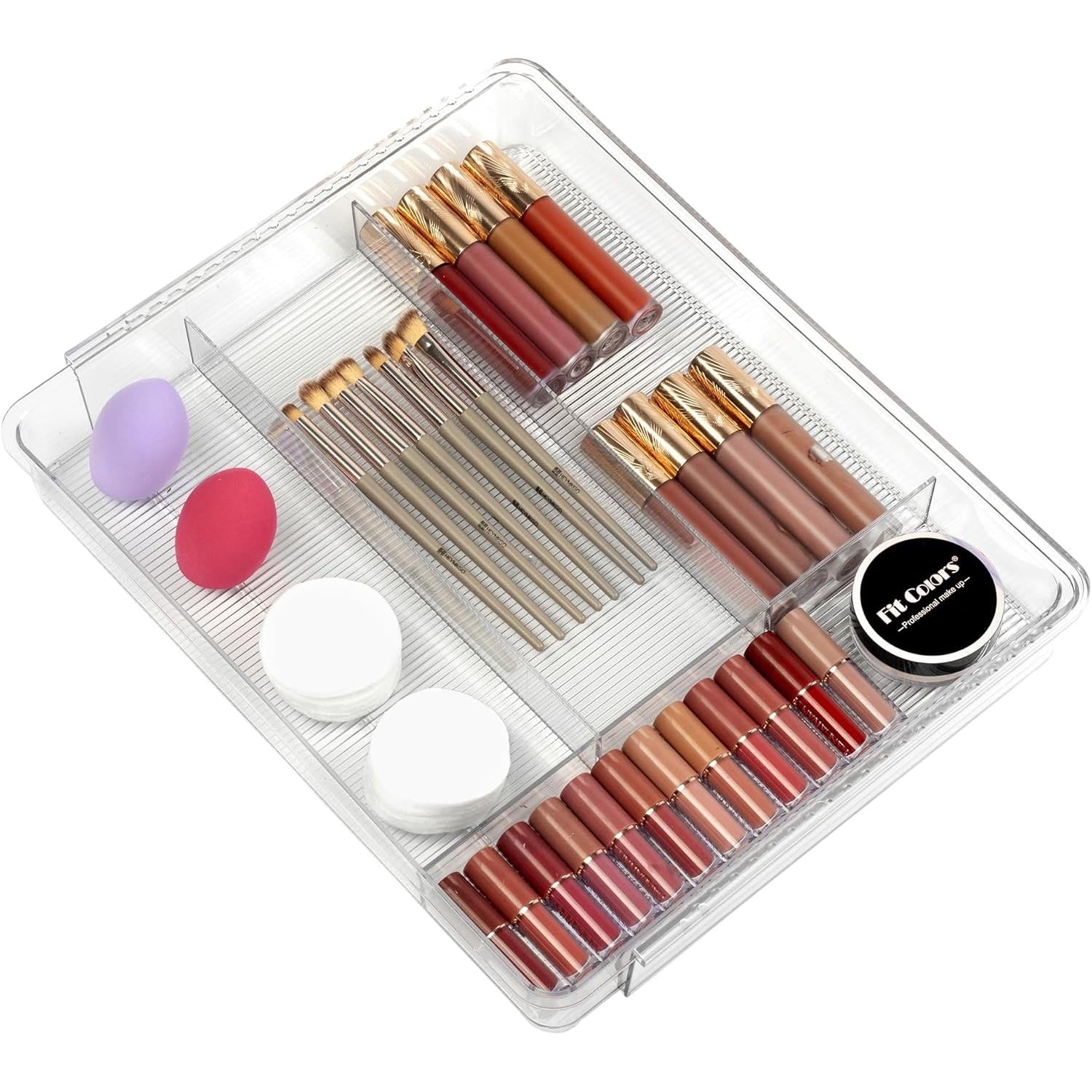 Makeup set with lipsticks, lip glosses, and applicators in a clear expandable organiser case on a white background.